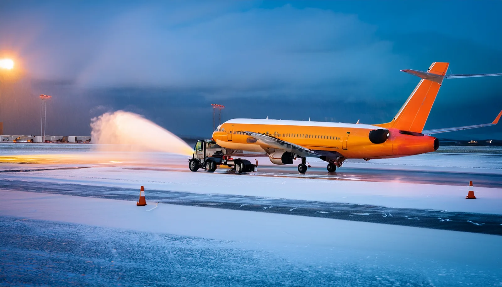 Véhicule de dégivrage pulvérisant du liquide sur un avion de ligne pendant une chute de neige dans un aéroport