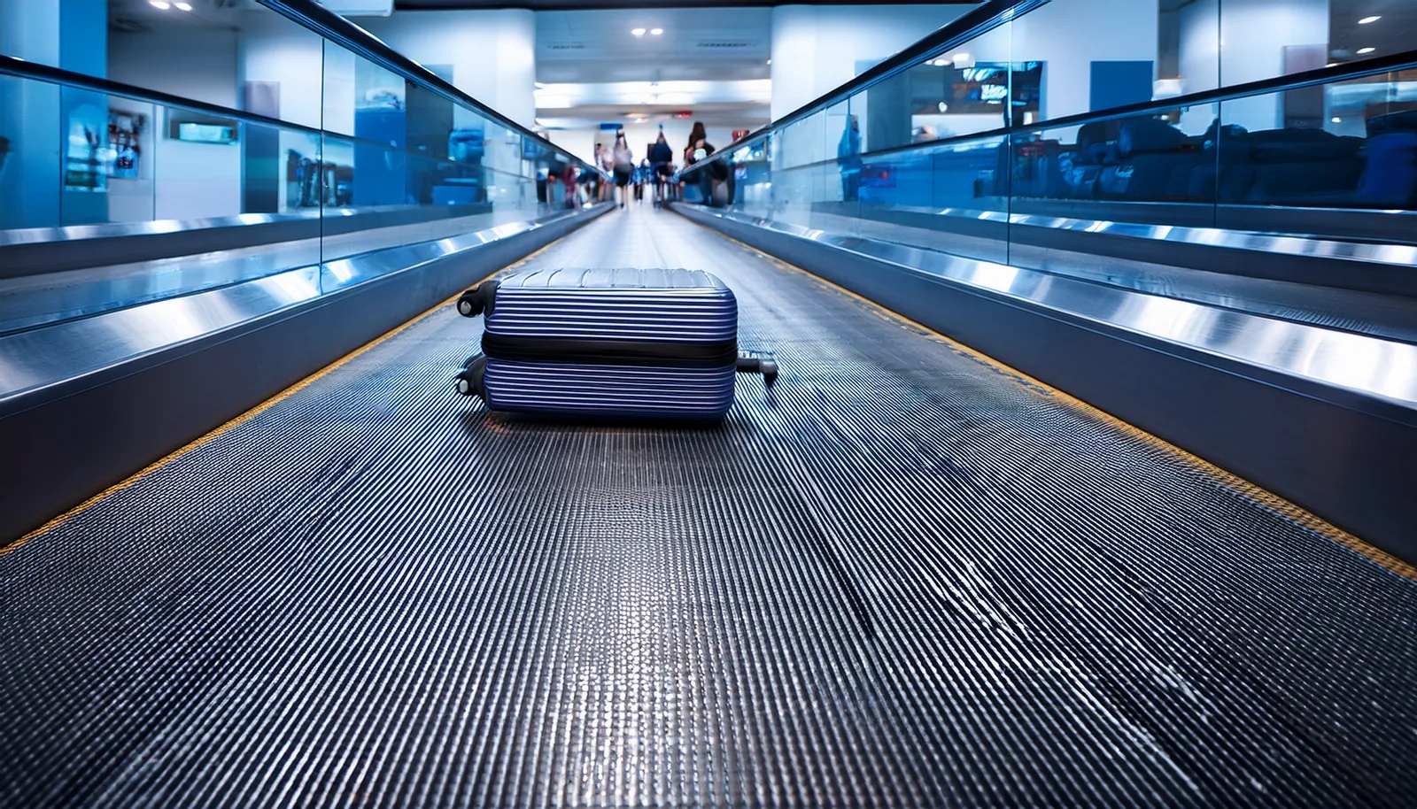 Une valise solitaire sur un tapis roulant dans un terminal d’aéroport vide