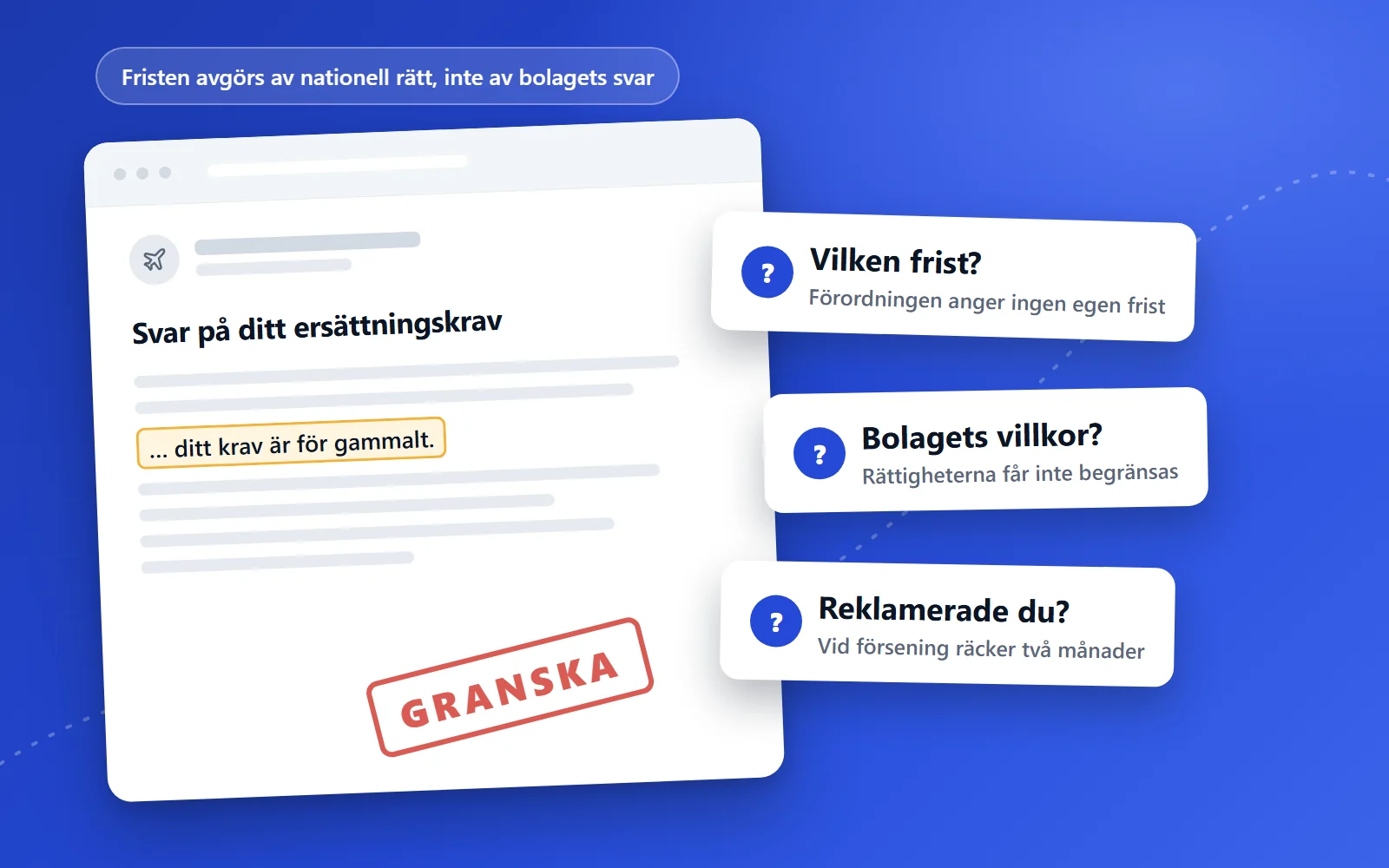 Illustration af en svarmail fra et flyselskab, hvor frasen dit krav er for gammelt er markeret, med tre spørgsmål om, hvilken frist der gælder, selskabets vilkår og om du reklamerede