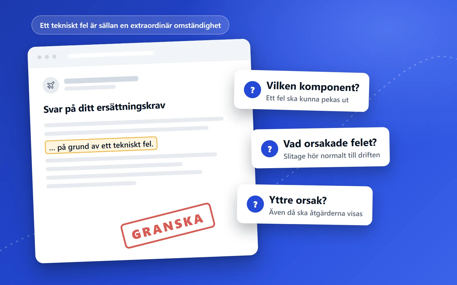 Illustration af en svarmail fra et flyselskab, hvor frasen på grund af en teknisk fejl er markeret, med tre spørgsmål om komponenten, årsagen og en eventuel ydre årsag