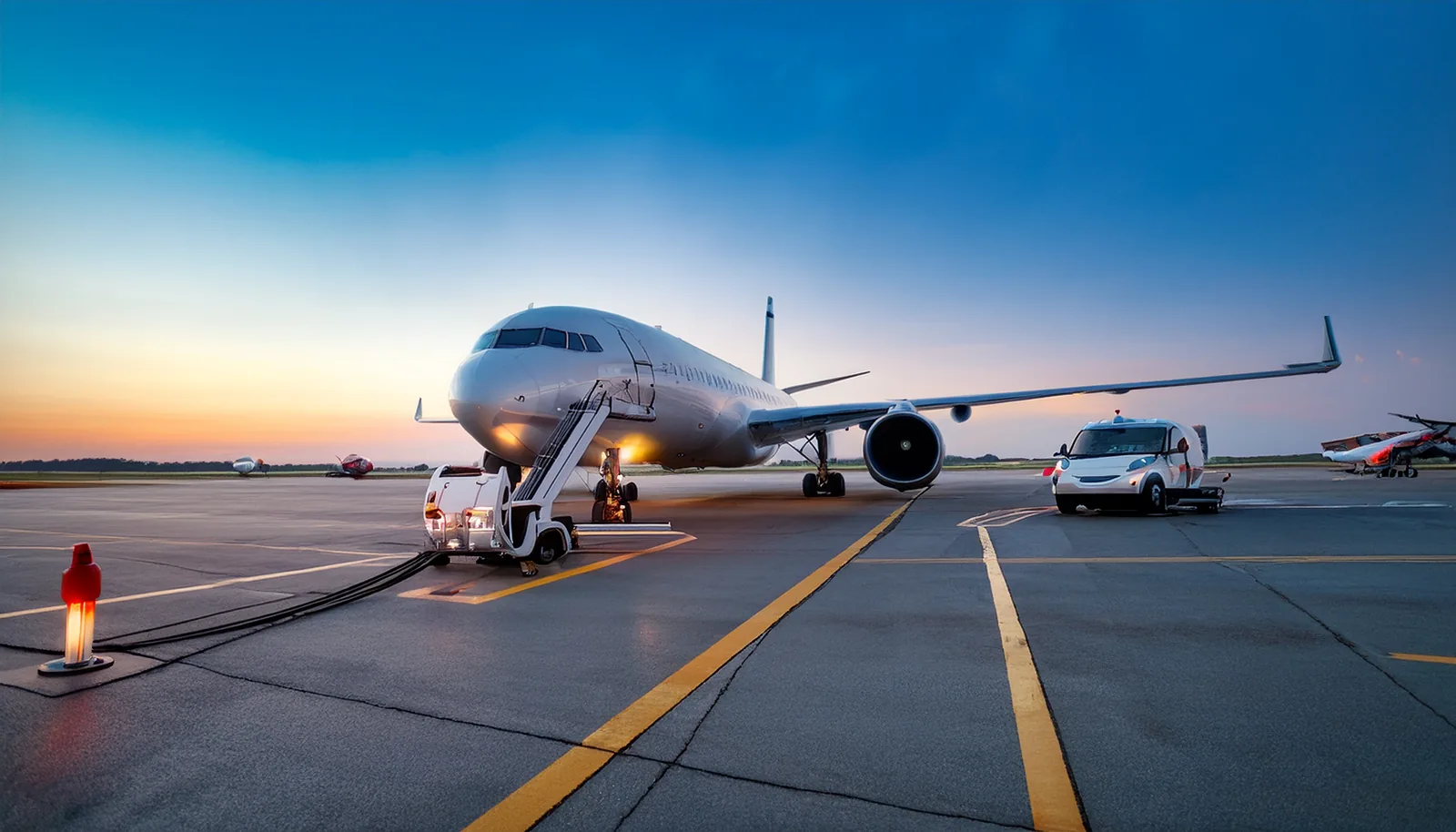 Un avion de ligne remorqué jusqu’à la porte à l’aube pendant qu’un autre attend sur la voie de circulation