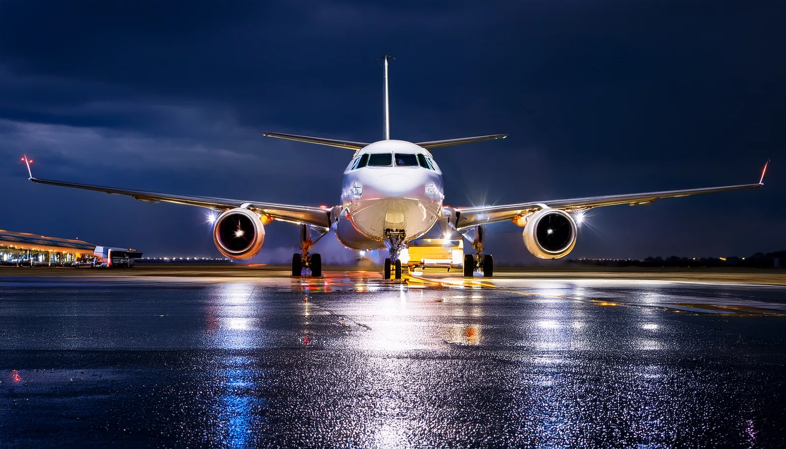 Avion de ligne sur une piste mouillée d’un petit aéroport en soirée
