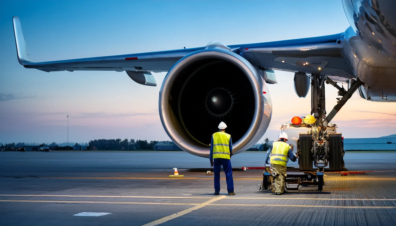 Des techniciens aéronautiques en gilets de sécurité travaillent près d’un réacteur sur l’aire de stationnement au crépuscule