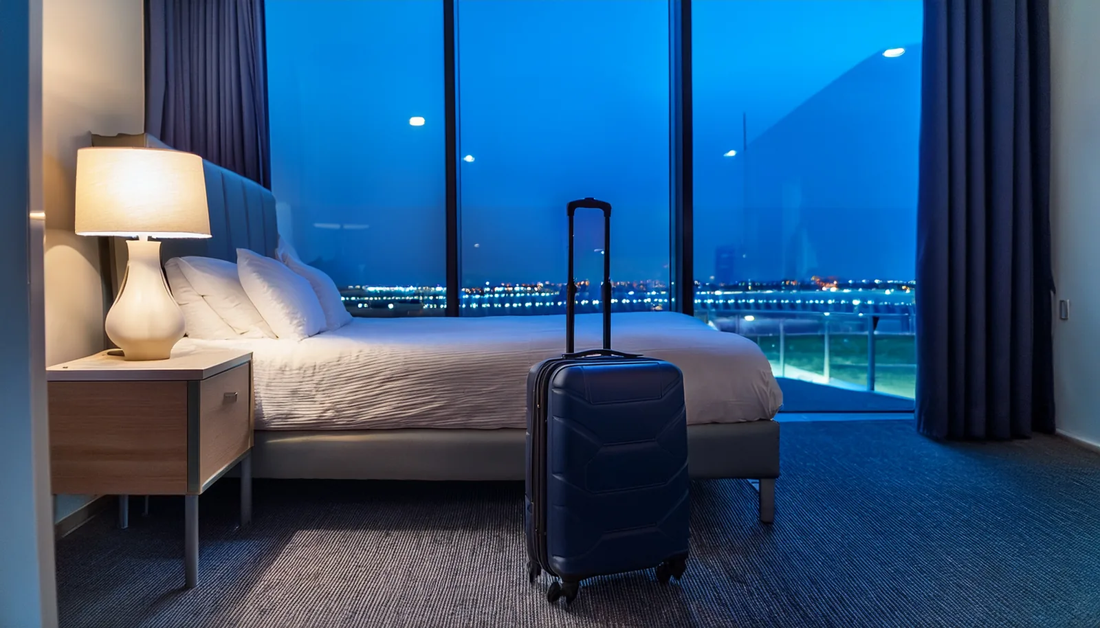 Chambre d’un hôtel d’aéroport en soirée, avec une valise près du lit et vue sur les pistes éclairées