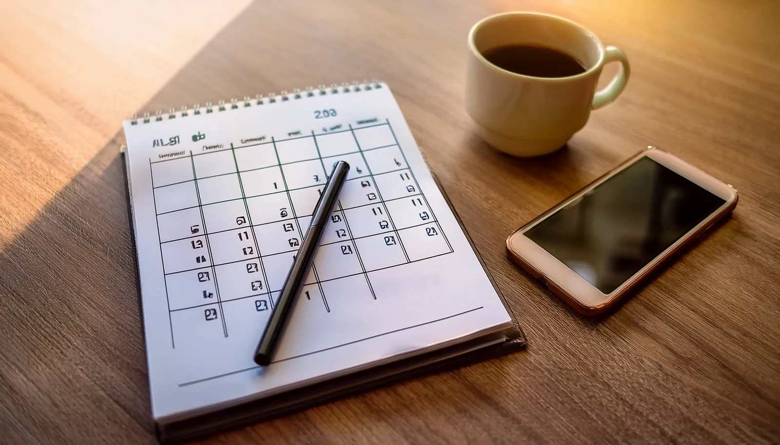 Un calendrier de bureau, un stylo et un téléphone portable à côté d’une tasse de café