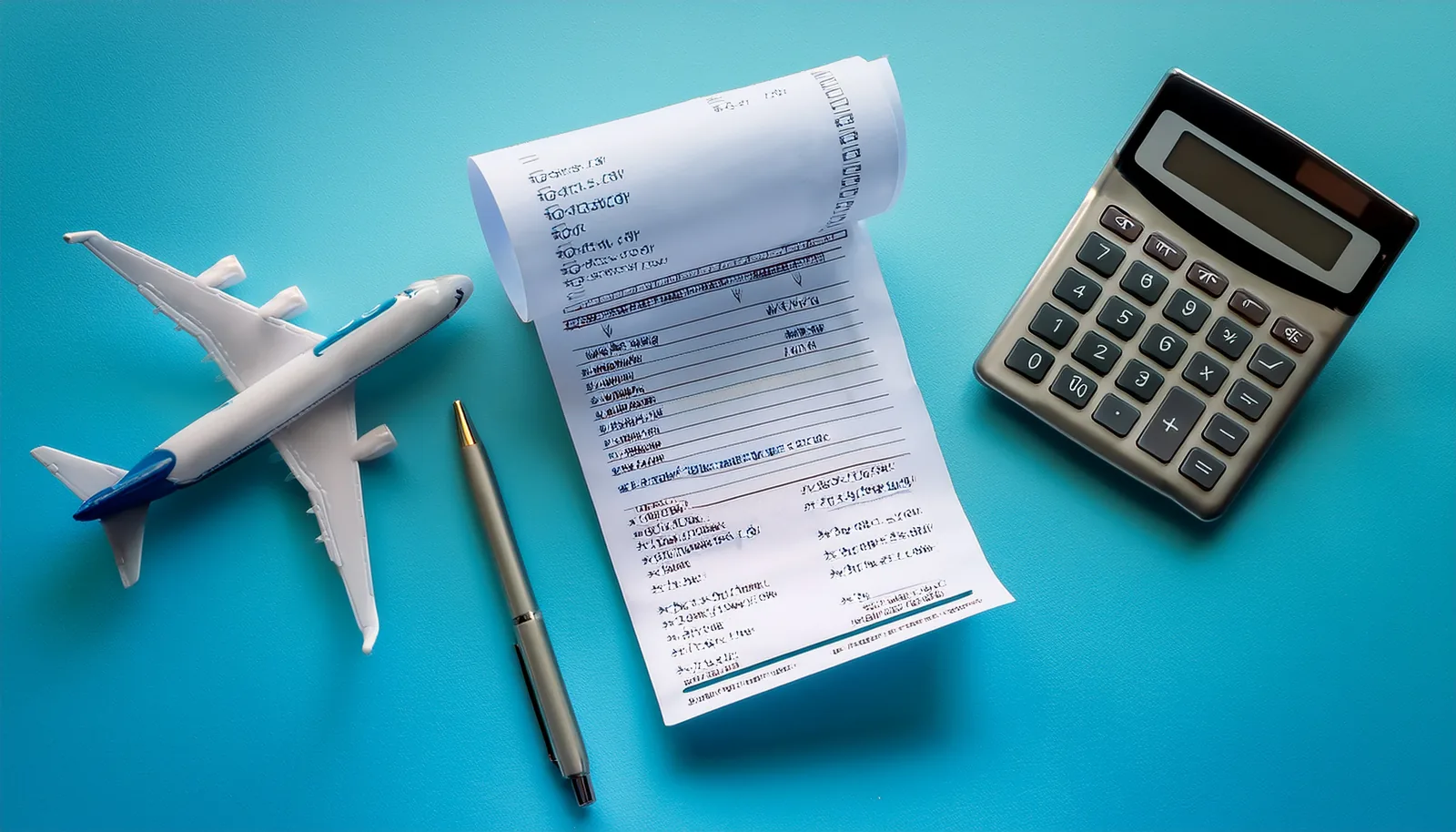 Un reçu de voyage, une calculatrice et un avion miniature sur un bureau bleu clair