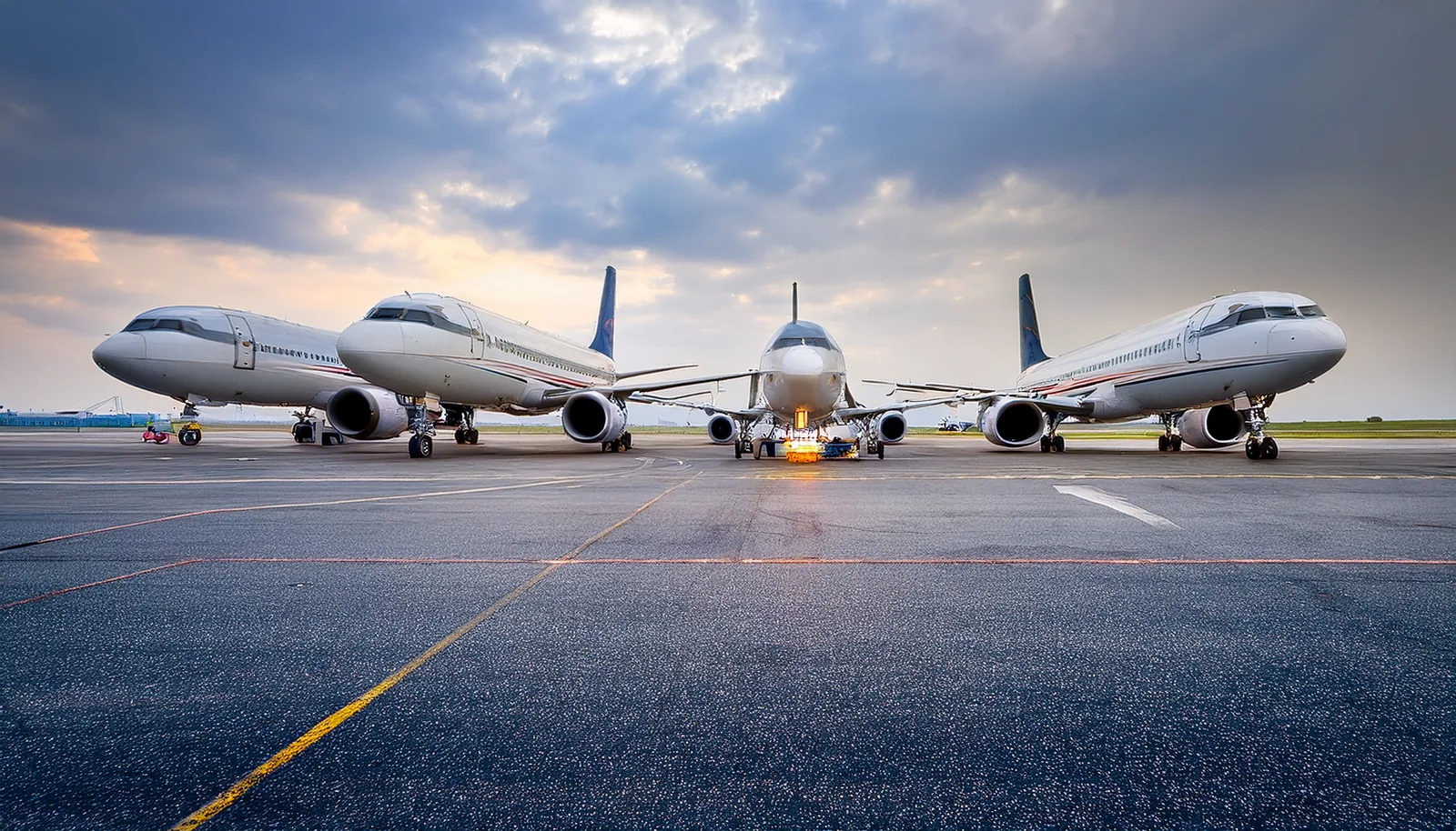 Avions de ligne stationnés sur une aire d’aéroport vide sous un ciel gris et lourd