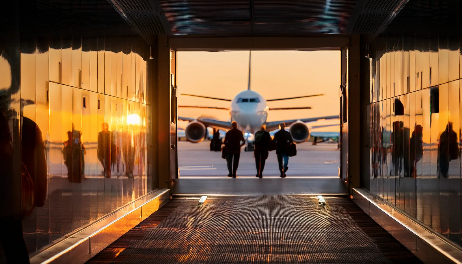 Silhouettes de passagers devant une porte d’embarquement, avec un avion à contre-jour à l’extérieur