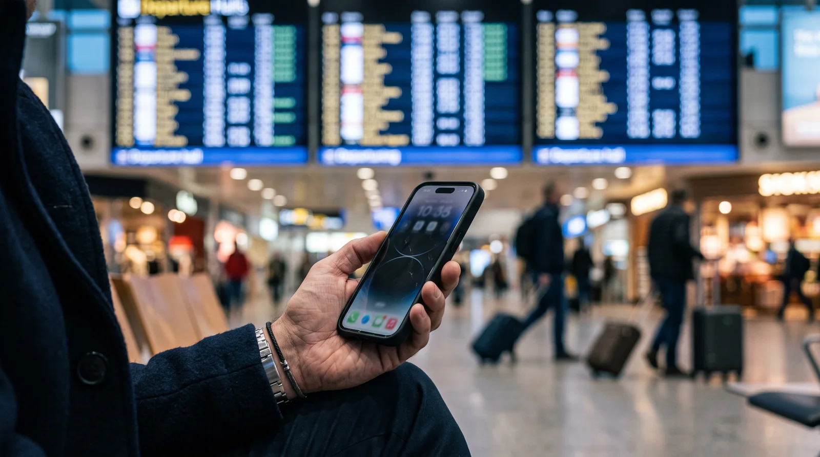 Voyageur tenant un téléphone portable dans le hall d’un aéroport, avec des panneaux de départs et des voyageurs avec des valises à l’arrière-plan