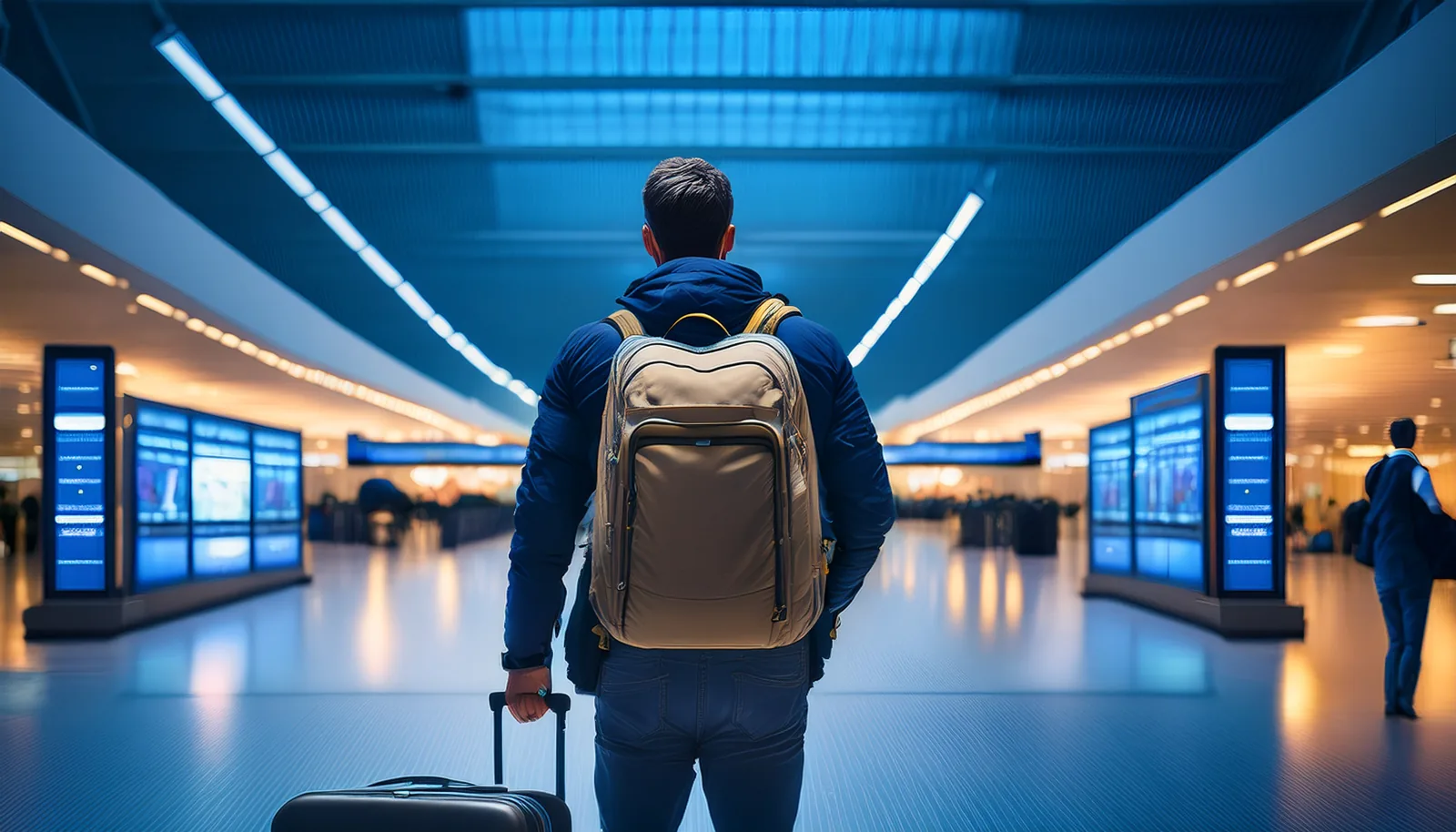 Voyageur avec un sac à dos et une valise dans un hall de transit vide d’un aéroport le soir, vu de dos
