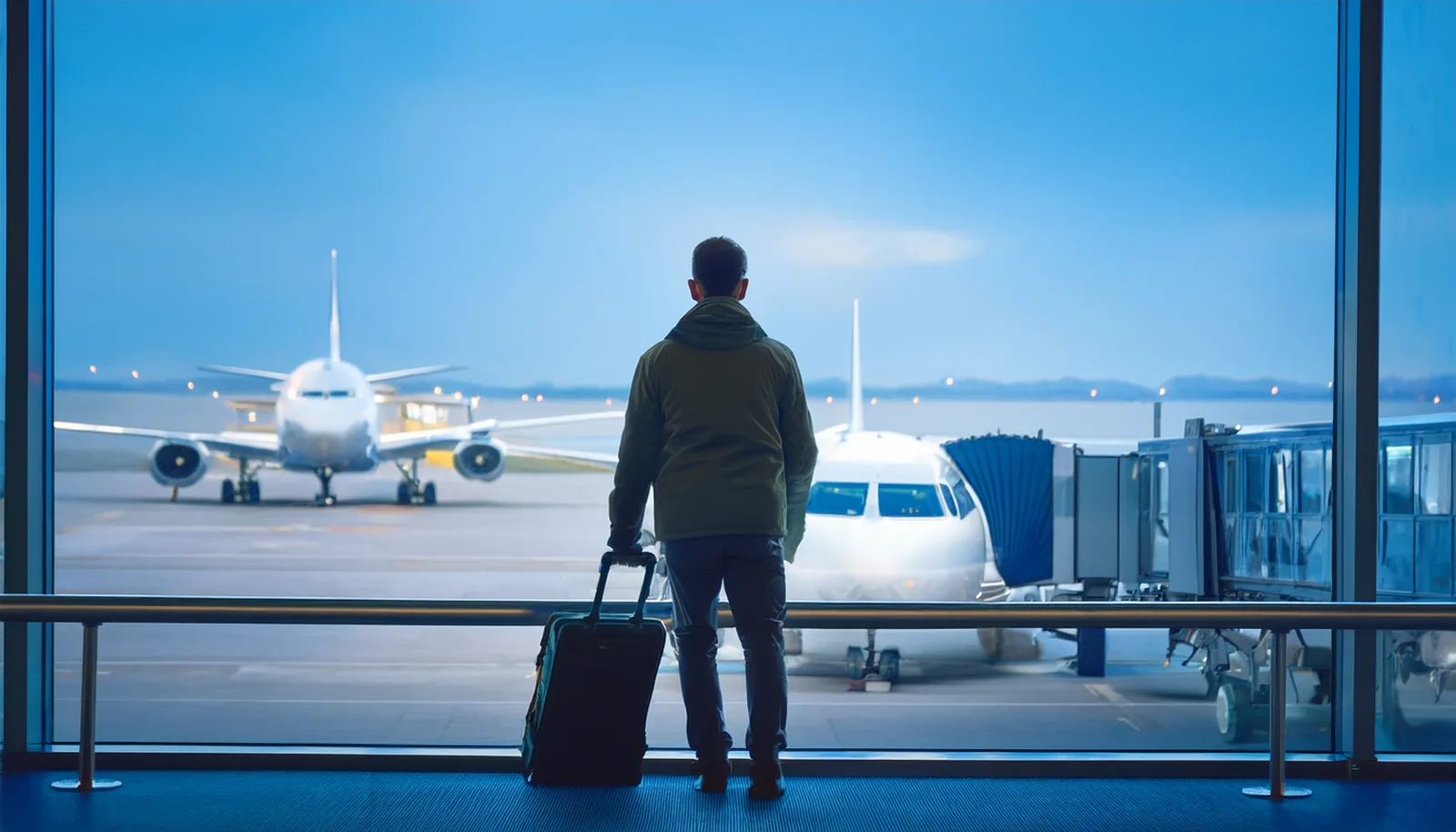 Voyageur avec une valise près de la fenêtre d’une porte d’embarquement, regardant un avion de ligne stationné