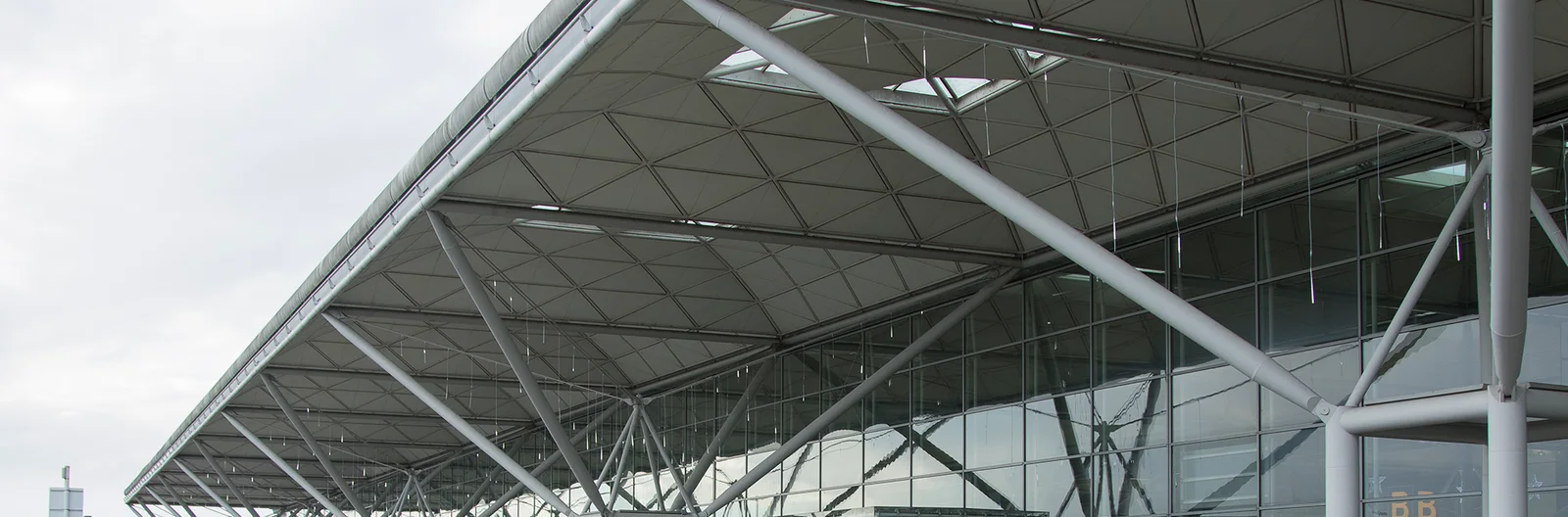 Roof and glass facade of London Stansted Airport terminal