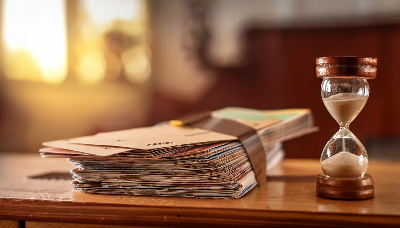Un sablier posé à côté d’une pile de vieux documents de voyage sur une étagère
