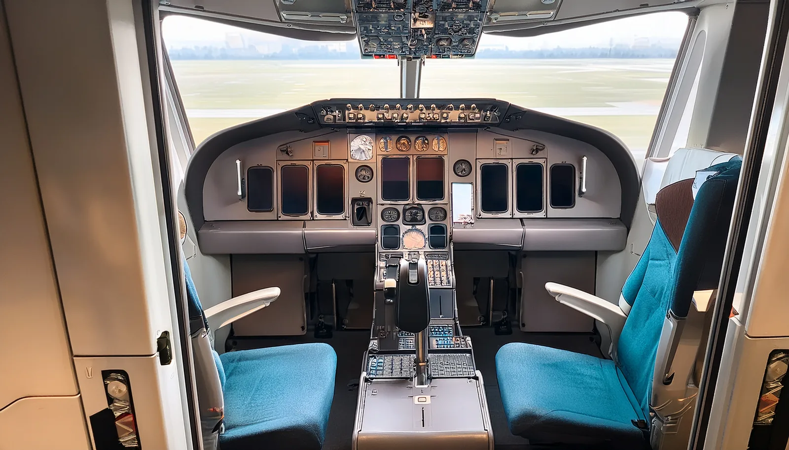 Un cockpit vide d’un avion de ligne, vu par la porte ouverte