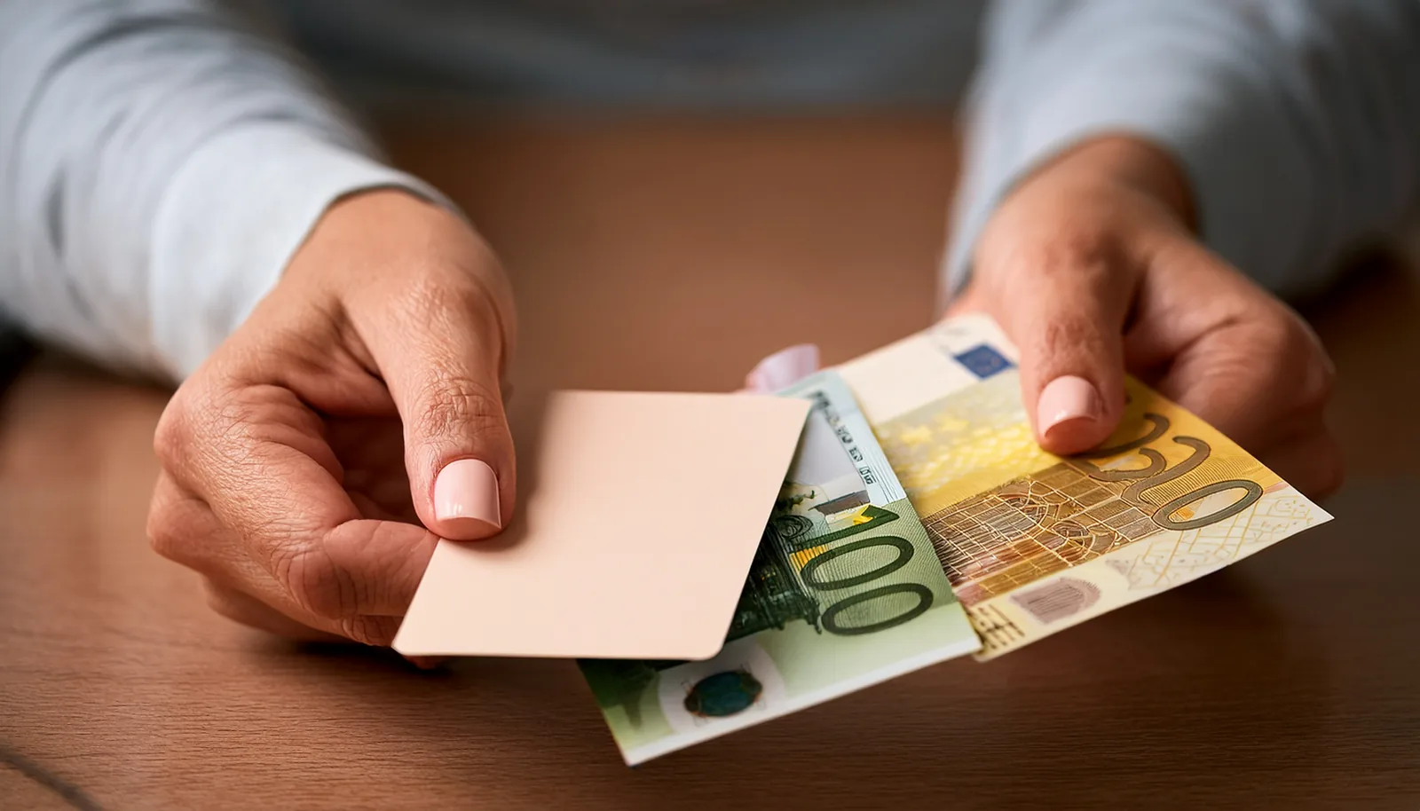 Deux mains tiennent côte à côte un bon vierge et des billets en euros